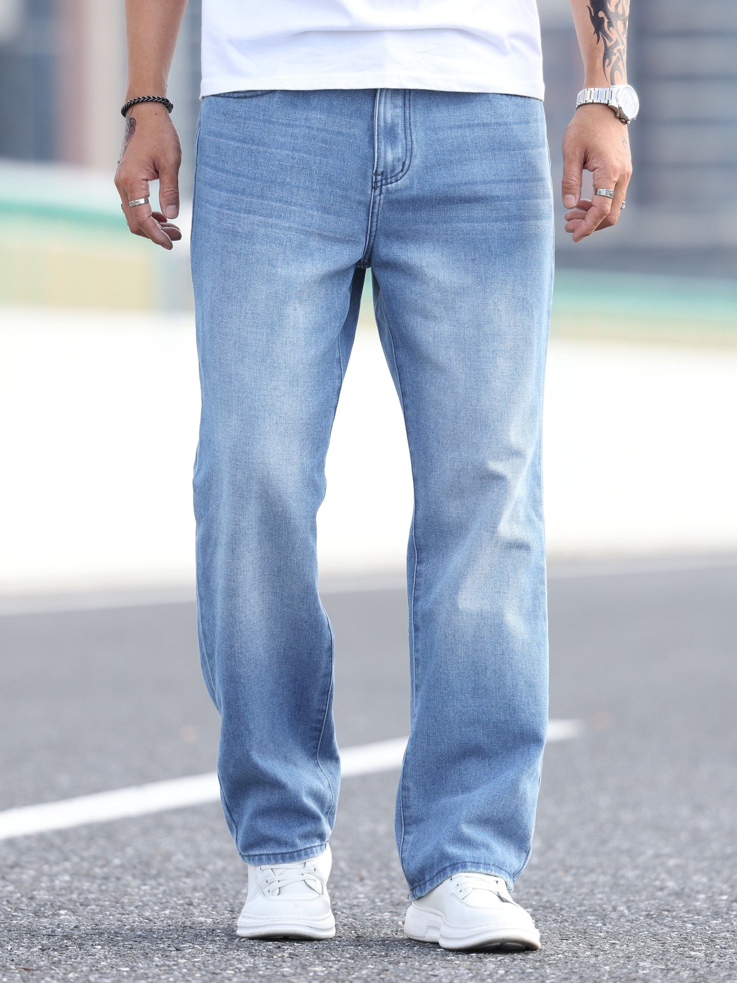 Classic Design Cotton Blend Distressed Jeans, Men's Casual Drawstring Regular Fit Denim Pants For All Seasons