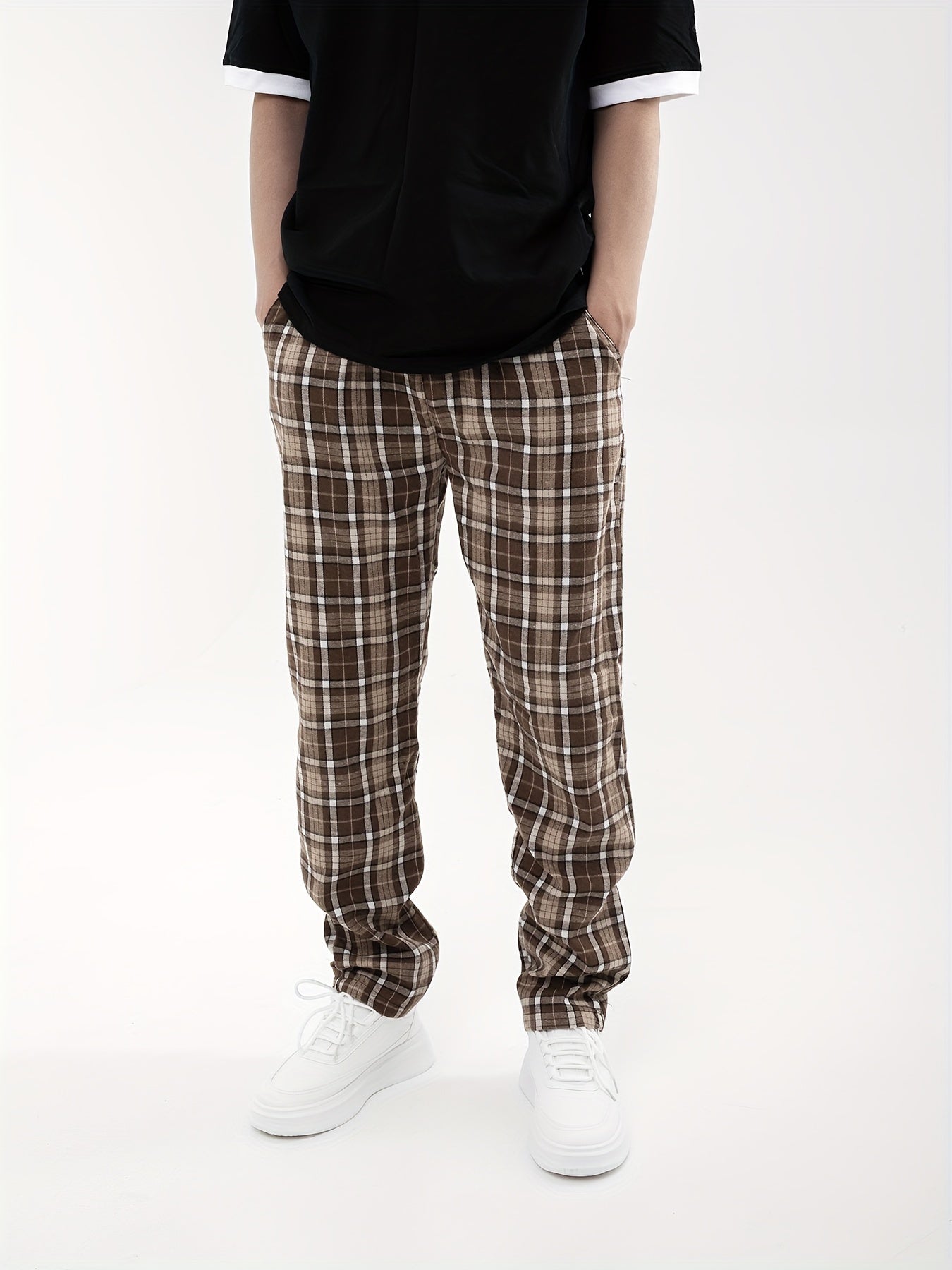 Men's Drawstring Wide Leg Pants   Trendy Checkered Pattern Casual Baggy Pants Streetwear Hiphop Rapper Style