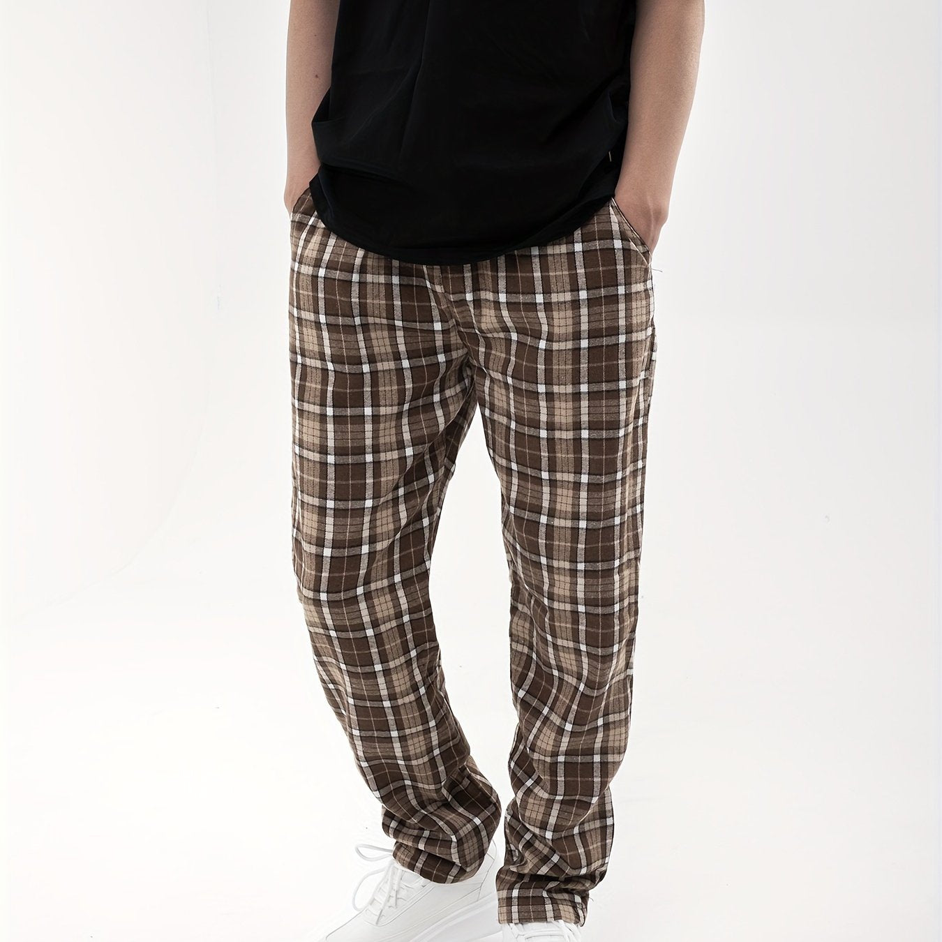 Men's Drawstring Wide Leg Pants   Trendy Checkered Pattern Casual Baggy Pants Streetwear Hiphop Rapper Style