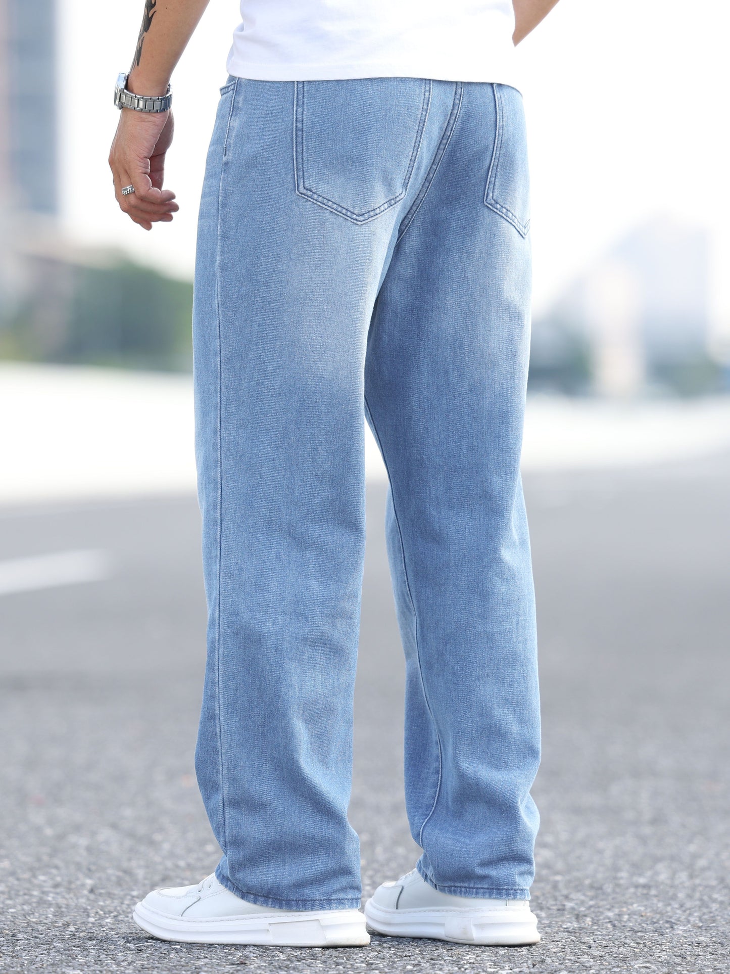 Classic Design Cotton Blend Distressed Jeans, Men's Casual Drawstring Regular Fit Denim Pants For All Seasons